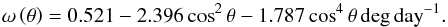 \begin{equation} \omega \left(\theta\right) = 0.521 - 2.396\cos^2\theta - 1.787\cos^4\theta\,\mbox{deg}\,\mbox{day}^{-1} . \end{equation}