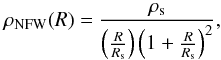 \begin{equation} \rho_\mathrm{NFW}(R) = \frac{\rho_{\rm s}}{\left(\frac{R}{R_{\rm s}}\right) \left(1+\frac{R}{R_{\rm s}}\right)^2} \label{eq:nfw} , \end{equation}