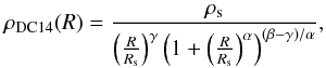\begin{equation} \rho_\mathrm{DC14}(R) = \frac{\rho_{\rm s}}{\left(\frac{R}{R_{\rm s}}\right)^\gamma \left(1+\left(\frac{R}{R_{\rm s}}\right)^\alpha\right)^{(\beta-\gamma)/\alpha}}, \label{eq:dc14} \end{equation}