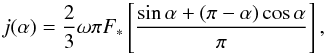 \appendix \setcounter{section}{1} \begin{equation} \label{eq:lambert} j(\alpha) = \frac{2}{3}\omega\pi F_*\left[ \frac{\sin{\alpha}+(\pi-\alpha)\cos{\alpha}}{\pi} \right], \end{equation}
