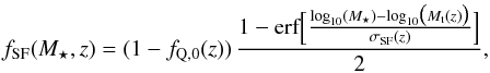 \begin{equation} \label{eq:sffrac} f_{\rm SF}(M_\star, z) = (1 - f_{\rm Q,0}(z)) \, \frac{1 - \textrm{erf} \Big[ \frac{\textrm{log}_{10}(M_\star) - \textrm{log}_{10}\big(M_{\rm t}(z)\big)}{\sigma_{\rm SF}(z)}\Big]}{2 }, \end{equation}
