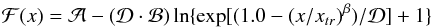 Mathematical equation: \begin{equation} {\cal F}(x)= {\cal A} - ({\cal D}\cdot {\cal B})\ln\{\exp[(1.0 - (x/x_{tr})^{\beta})/{\cal D}] + 1\} \label{scaling function} \end{equation}