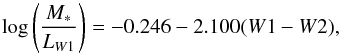 \begin{equation} \log\left(\frac{\mstar}{L_{W1} }\right) = -0.246 - 2.100(W1-W2), \label{eq:mstar} \end{equation}