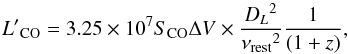\begin{equation} {L^\prime}_{\rm CO} =3.25 \times 10^{7} S_{\rm CO}\Delta V \times \frac{{D_L}^2}{{\nu_{\rm rest}}^2}\frac{1}{(1+z)} \label{eq:LCO} , \end{equation}