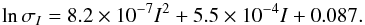 \begin{equation} \label{eq:ierr} \ln{\sigma_I}=8.2\times10^{-7}I^2+5.5\times10^{-4}I+ 0.087. \end{equation}