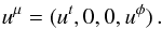 \begin{equation} u^{\mu} = (u^t, 0, 0, u^{\phi})\,. \end{equation}