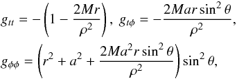 \appendix \setcounter{section}{1} \begin{eqnarray} &&g_{tt} = - \left(1 - \frac{2Mr}{\rho^2}\right), \ g_{t\phi} = -\frac{2Mar\sin^2\theta}{\rho^2}, \nonumber \\ &&g_{\phi\phi} = \left(r^2 + a^2 + \frac{2Ma^2r\sin^2\theta}{\rho^2}\right) \sin^2 \theta, \end{eqnarray}