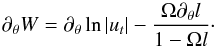 \begin{equation} \label{eq:polar_der_pot} \partial_{\theta} W = \partial_{\theta} \ln|u_t| - \frac{\Omega \partial_{\theta}l}{1 - \Omega l}\cdot \end{equation}