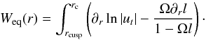 \begin{equation} \label{eq:equatorial_pot} W_{\mathrm{eq}}(r) = \int^{r_{\mathrm{c}}}_{r_{\mathrm{cusp}}}\left(\partial_r \ln|u_t| - \frac{\Omega \partial_rl}{1 - \Omega l}\right)\cdot \end{equation}