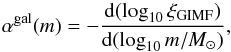 \begin{equation} \label{eq:alpha_gal} \alpha^{\mathrm{gal}}(m)=-\frac{\mathrm{d}(\log_{10}\xi_{\mathrm{GIMF}})}{\mathrm{d}(\log_{10} m/{M}_{\odot})}, \end{equation}