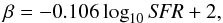 \begin{equation} \label{eq:beta-SFR} \beta=-0.106\log_{10}{\it SFR}+2, \end{equation}
