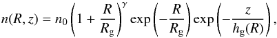 \appendix \setcounter{section}{2} \begin{equation} \label{halodistrib} n(R,z) = n_0\left(1+\frac{R}{R_{\rm g}}\right)^\gamma \exp\left(-\frac{R}{R_{\rm g}}\right)\exp\left(-\frac{z}{h_{\rm g}(R)}\right) , \end{equation}