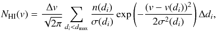 \begin{equation} \label{NHI} N_{\rm HI}(v) = \frac{\Delta v}{\sqrt{2\pi}}\sum_{d_i < d_{\rm max}} \frac{n(d_i)}{\sigma(d_i)} \exp\left(-\frac{(v-v(d_i))^2}{2\sigma^2(d_i)}\right) \Delta d_i , \end{equation}