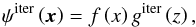 \begin{equation} \psi^{\text{iter}}\left(\vec{x}\right)=f\left(x\right)g^{\text{iter}}\left(z\right),\label{eq:psi_separable} \end{equation}