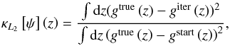\begin{equation} \kappa_{L_{2}}\left[\psi\right]\left(z\right)=\frac {\int {\rm d}z(g^{\text{true}}\left(z\right)-g^{\text{iter}}\left(z\right))^{2}}{\int {\rm d}z\left(g^{\text{true}}\left(z\right)-g^{\text{start}}\left(z\right)\right)^{2}},\label{eq:model_misfit_L2} \end{equation}