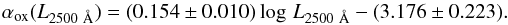 \begin{equation} \alpha_{\rm{ox}}(L_{2500~{\AA}})=(0.154\pm 0.010)\log \,L_{2500 ~{\AA}}- (3.176 \pm 0.223) . \end{equation}