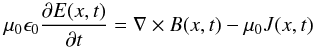 \begin{equation} \mu_0\epsilon_0 \frac{\partial E(x,t)} {\partial t} ={\nabla}\times B(x,t) -\mu_0 J(x,t) \label{p22} \end{equation}