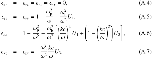 \appendix \setcounter{section}{1} \begin{eqnarray} \epsilon_{zy}&=&\epsilon_{yz}=\epsilon_{yx}=\epsilon_{xy}=0, \label{A4} \\ \epsilon_{zz}&=&\epsilon_{yy}=1-{\omega_{\rm p}^2\over\omega} -{\omega_{\rm b}^2\over\omega^2}U_1 , \label{A5} \\ \epsilon_{xx}&=&1- {\omega_{\rm p}^2\over\omega^2}-{\omega_{\rm b}^2\over\omega^2} \l[ \l(kc\over\omega \r)^2 U_1 + \l( 1- \l(kc\over\omega \r)^2\r)U_2 \r], \label{A6} \\ \epsilon_{xz}&=&\epsilon_{zx}= - {\omega_{\rm b}^2\over\omega^2}{kc\over\omega}U_3, \label{A7} \end{eqnarray}