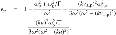 \appendix \setcounter{section}{2} \begin{eqnarray} \epsilon_{yy}&=& 1- {\omega_{\rm p}^2+\omega_{\rm b}^2/\Gamma \over\omega^2} - {(kv_{\perp,{\rm p}})^2 \omega_{\rm p,e}^2\over 3\omega^2( \omega^2 - (kv_{\perp,{\rm p}})^2 ) } \notag \\ &&- { (ku)^2\omega_{\rm b}^2/\Gamma \over 3\omega^2 (\omega^2 - (ku)^2 )} , \label{B3} \end{eqnarray}