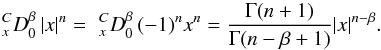 \begin{equation} \label{caputo-p3} _{x}^{C}{D}_{0}^{\beta} \, |x|^n = \,\, _{x}^{C}{D}_{0}^{\beta} \, (-1)^n x^n = { \Gamma (n+1) \over \Gamma (n - \beta +1) } |x|^{n-\beta} . \end{equation}