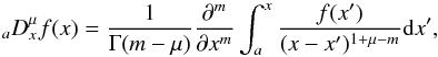 \appendix \setcounter{section}{1} \begin{equation} \label{eq:riemann-liouville-left} _{a}{D}_{x}^{\mu} f(x) = \frac{1}{\Gamma(m-\mu)}\frac{\partial^m}{\partial x^m}\int_{{a}}^x\frac{f(x')}{(x-x')^{1+\mu-m}} {\rm d}x' , \end{equation}