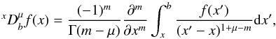 \appendix \setcounter{section}{1} \begin{equation} \label{eq:riemann-liouville-right} ^{x}{D}_{b}^{\mu} f(x) = \frac{(-1)^m}{\Gamma(m-\mu)}\frac{\partial^m}{\partial x^m}\int_{{x}}^b\frac{f(x')}{(x'-x)^{1+\mu-m}} {\rm d}x' , \end{equation}