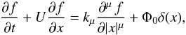 \begin{equation} {\partial f\over \partial t} + U {\partial f \over \partial x} = k_{\mu} {\partial^{\mu} \, f \over \partial |x|^{\mu}} + \Phi_0 \delta (x) , \label{frac_Parker} \end{equation}