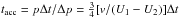 \hbox{$t_{\rm acc} = p \Delta t / \Delta p = {3\over4}[v/ (U_1 - U_2)] \Delta t$}