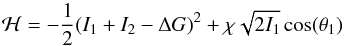 \begin{equation} \H=-\frac{1}{2}(I_1+I_2-\DG)^2+\chi\sqrt{2I_1}\cos(\theta_1) \end{equation}