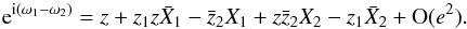 \appendix \setcounter{section}{1} \begin{equation} \expo{\i(\omega_1-\omega_2)}= z+z_1z\bar X_1-\bar z_2X_1+z\bar z_2 X_2-z_1\bar X_2+\O(e^2). \end{equation}