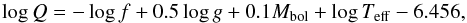 \begin{equation} \log Q = -\log f + 0.5 \log g + 0.1M_{\rm bol} + \log T_{\rm eff} - 6.456 , \end{equation}