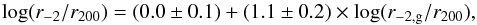 \begin{equation} \log (\rs/\rtwo) = (0.0 \pm 0.1) + (1.1 \pm 0.2) \times \log (\rsg/\rtwo), \label{e:r2r2g} \end{equation}