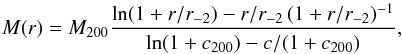 \begin{equation} M(r)=\mtwo \frac{\ln(1+r/\rs)-r/\rs \, (1+r/\rs)^{-1}}{\ln(1+\ctwo)-c/(1+\ctwo)} , \label{e:nfw} \end{equation}