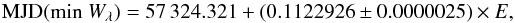 \begin{equation} {\rm MJD} ({\rm min}\ W_\lambda) = 57\,324.321 + (0.1122926 \pm 0.0000025)\times E, \label{Eq_EPH_2359} \end{equation}