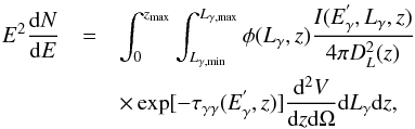 \begin{eqnarray} \label{EGB_eq} E^2\frac{{\rm d}N}{{\rm d}E}&=&\int_{0}^{z_{\max}} \int_{L_{\gamma,\min}}^{L_{\gamma,\max}} \phi(L_{\gamma},z)\frac{I(E_{\gamma}^{'},L_{\gamma},z)}{4\pi D_{L}^{2}(z)}\nonumber\\ & &\times\exp[-\tau_{\gamma \gamma}(E_{\gamma}^{'},z)]\frac{{\rm d}^2V}{{\rm d}z {\rm d}\Omega}{\rm d} L_{\gamma} {\rm d}z, \end{eqnarray}