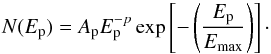 \begin{equation} \label{spectral_model} N(E_{\rm p})=A_{\rm p}E_{\rm p}^{-p}\exp\left[-\left(\frac{E_{\rm p}}{E_{\max}}\right)\right]\cdot \end{equation}