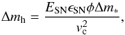 \begin{equation} \Delta m_{\rm h}= \frac{E_{\rm SN} \epsilon_{\rm SN} \phi \Delta m_*}{v_{\rm c}^2}, \end{equation}