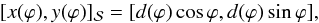 \begin{equation} [x(\varphi), y(\varphi)]_{\cal S}=[d(\varphi)\cos\varphi,d(\varphi)\sin\varphi], \end{equation}
