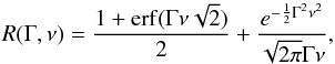 Mathematical equation: \begin{equation} \label{ms2} R(\Gamma,\nu)=\frac{1+\mathrm{erf}(\Gamma \nu\sqrt{2})}{2}+\frac{e^{-\frac{1}{2}\Gamma^2\nu^2}}{\sqrt{2\pi}\Gamma\nu} , \end{equation}