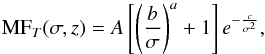 Mathematical equation: \begin{equation} \label{tinkform} {\rm MF}_T(\sigma,z)=A\left[\left(\frac{b}{\sigma}\right)^{a}+1\right]e^{-\frac{c}{\sigma^2}} , \end{equation}