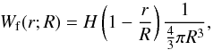 Mathematical equation: \begin{equation} \label{a3} W_{\rm f}(r;R)=H\left(1-\frac{r}{R}\right)\frac{1}{\frac{4}{3}\pi R^3} , \end{equation}