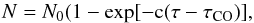 Mathematical equation: \begin{equation} \label{eq:comp_fit} N = N_0 (1 - \exp[- \rm c(\tau - \tau_{\rm CO})], \end{equation}