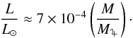 \begin{equation} \frac{L}{L_{\odot}}\approx 7\times10^{-4}\left(\frac{M}{\mj}\right)\cdot \end{equation}