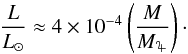 \begin{equation} \frac{L}{L_{\odot}}\approx 4\times10^{-4}\left(\frac{M}{\mj}\right)\cdot \end{equation}