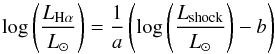 \begin{equation} \log\left(\frac{L_{\rm H\alpha}}{\lsun}\right)=\frac{1}{a}\left(\log\left(\frac{\lshock}{\lsun}\right)-b\right) \end{equation}