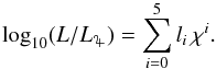 \appendix \setcounter{section}{2} \begin{equation} \label{eq:L10fit} \log_{10}(L/\lj)=\sum_{i=0}^{5} l_{i}\, \chi^{i}. \end{equation}