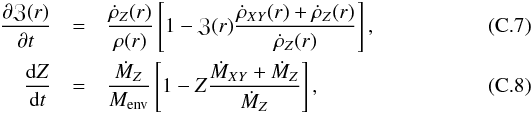 \appendix \setcounter{section}{3} \begin{eqnarray} \frac{\partial\Z(r)}{\partial t} &=& \frac{\rdotz(r)}{\rho(r)} \left[1-\Z(r)\frac{\rdotxy(r)+\rdotz(r)}{\rdotz(r)} \right],\label{Gl:dZlokdt allgemein}\\ \frac{{\rm d}Z}{{\rm d}t} &=& \frac{\mdotz}{\menv}\left[1-Z\frac{\mdotxy+\mdotz}{\mdotz}\right],\label{Gl:dZdt allgemein} \end{eqnarray}