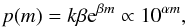 \appendix \setcounter{section}{1} \begin{equation} \label{eq:36} p(m) = k \beta \e^{\beta m} \propto 10^{\alpha m} , \end{equation}