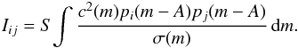 \begin{eqnarray} \label{eq:16} I_{ij} = S \! \int \frac{c^2(m) p_i(m-A) p_j(m-A)}{\sigma(m)} \, \diff m . \end{eqnarray}