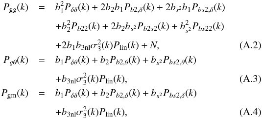 \appendix \setcounter{section}{1} \begin{eqnarray} P_{\rm gg}(k)&=&b_1^2 P_{\delta\delta}(k)+2b_2b_1P_{b2,\delta}(k)+2b_{s^2}b_1P_{bs2,\delta}(k) \nonumber \\[1mm] && +b_2^2P_{b22}(k) +2b_2b_{s^2}P_{b2s2}(k)+b_{s^2}^2P_{bs22}(k) \nonumber \\[1mm] && +2b_1b_{3\rm nl}\sigma_3^2(k)P_{\rm lin}(k) + N, \\[0.1mm] P_{g\theta}(k)&=&b_1P_{\delta\theta}(k)+b_2P_{b2,\theta}(k)+b_{s^2}P_{bs2,\theta}(k) \nonumber \\[1mm] && +b_{3\rm nl}\sigma_3^2(k)P_{\rm lin}(k), \\[0.1mm] P_{\rm gm}(k) &=& b_1 P_{\delta\delta}(k) + b_2 P_{b2,\delta}(k) + b_{s^2} P_{bs2,\delta}(k) \nonumber \\[1mm] && + b_{\rm 3nl}\sigma^2_3(k)P_{\rm lin}(k), \end{eqnarray}